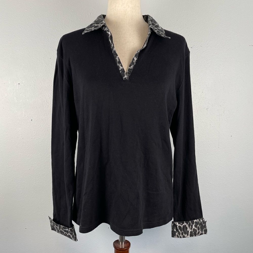 Karen Acott Collared V-Neck Sweater Top Size L EUC